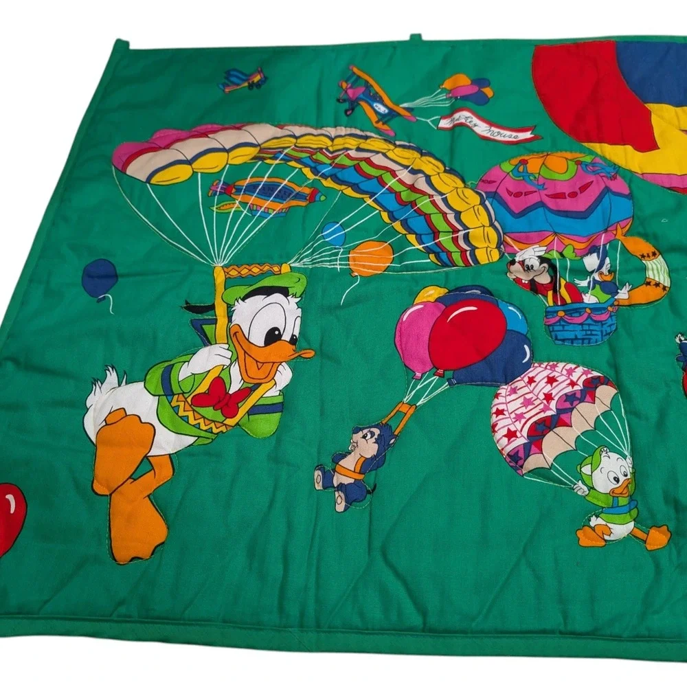 Vintage Disney Mickey Mouse & Friends Quilted Wall Hanging Hot Air Balloon Green